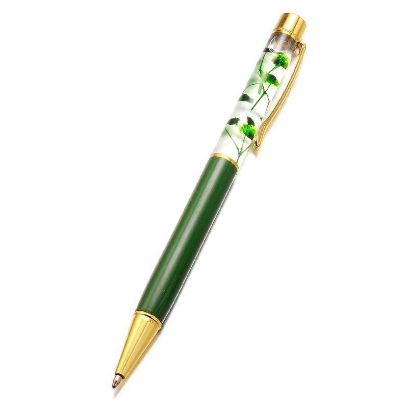 stylo doré / vert en métal avec fleurs à l'intérieur